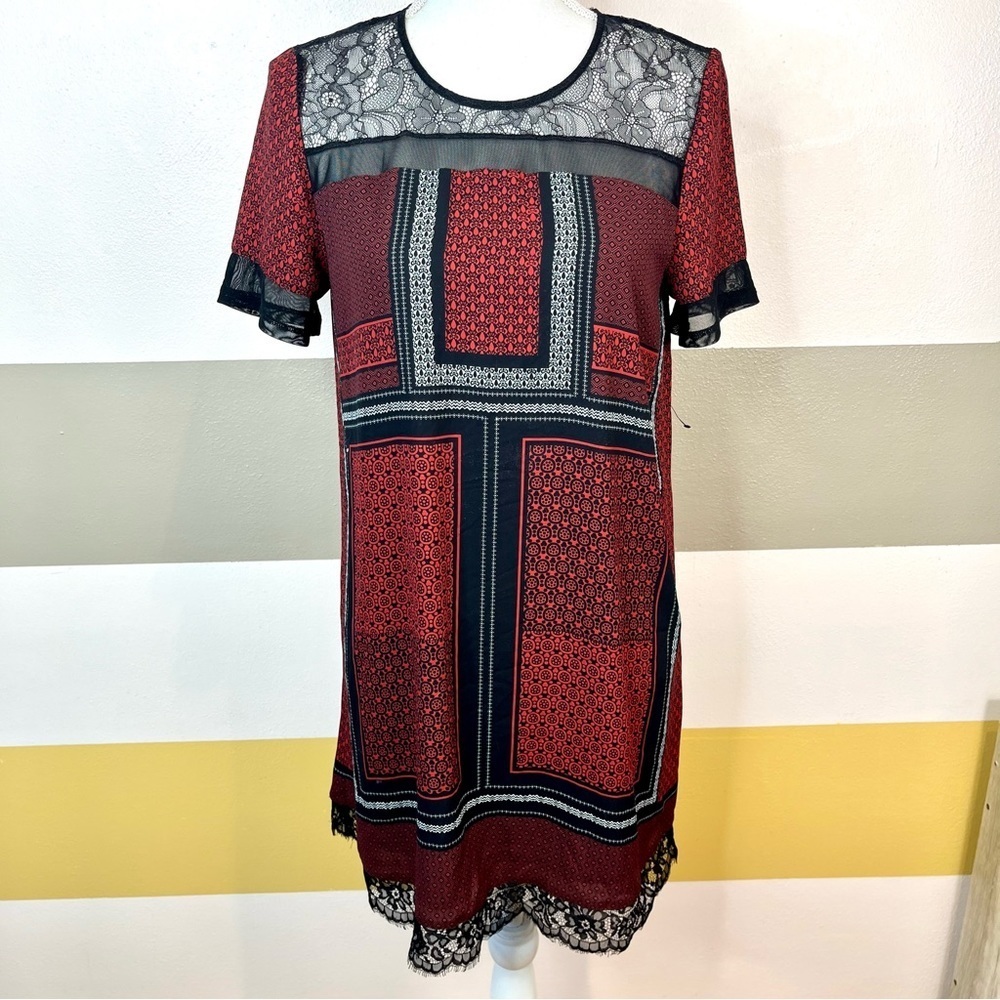 2/$25 Express Red Floral Lace Contemporary Business Short Sleeve Slip Dress S - Picture 2 of 16